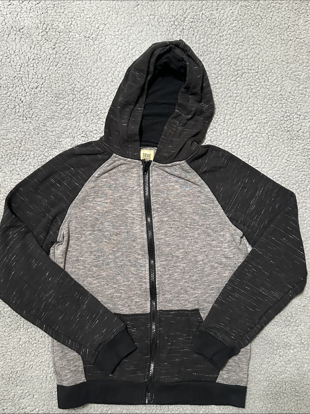 True Craft Boys Gray Black Full Zip Hoodie Jacket Size M 10/12 Colorblock